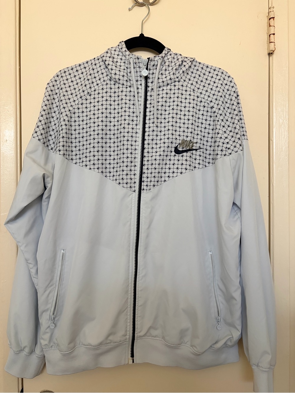 Nike Light Blue Gray Hooded Track Jacket with Patterned Yoke